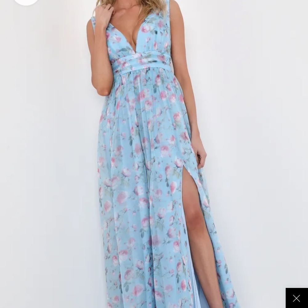 Lulu's Blue Sleeveless Maxi Dress with Plunge Neckline